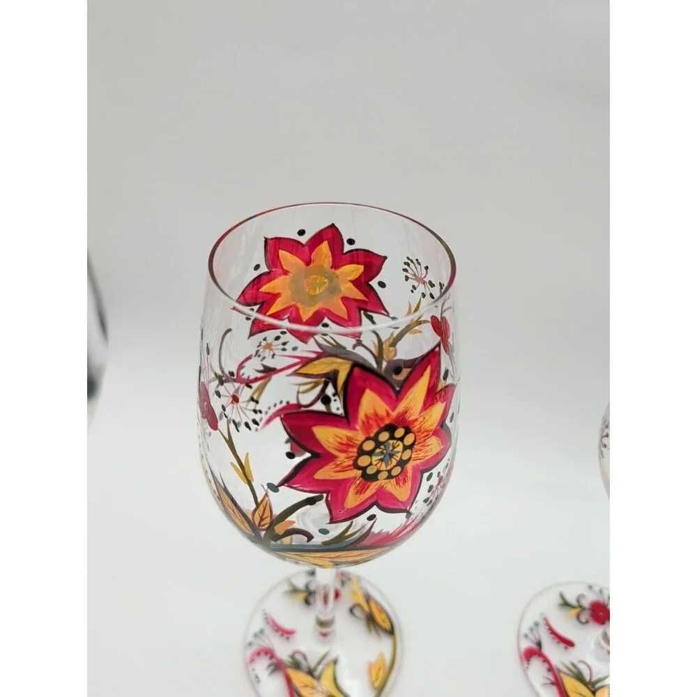 Pier 1 Carynthum Wine Glasses Hand Painted Fall Floral Set Of 2